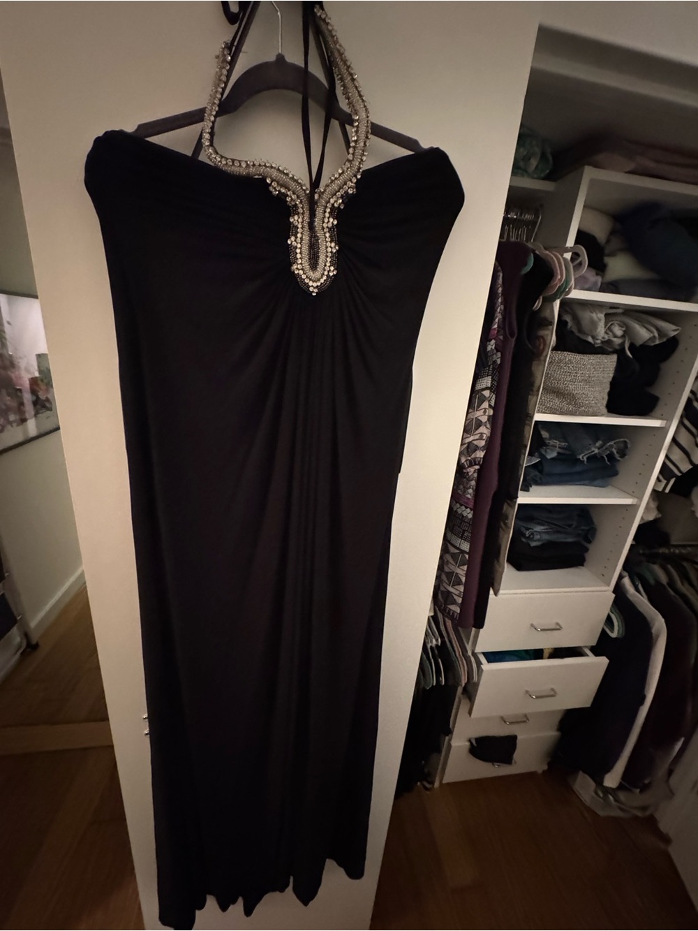 ABS Allen Schwartz Black Maxi Dress with Beaded Neckline